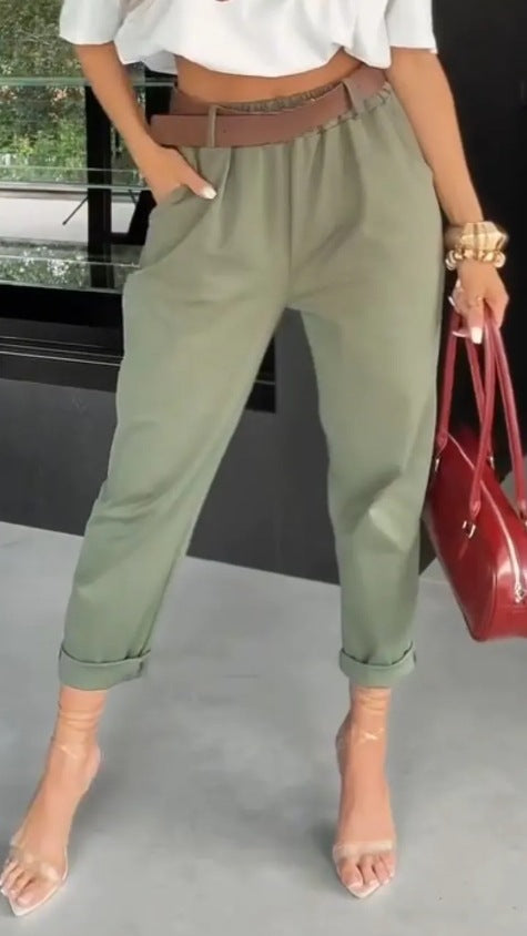 Damen elegante Baumwollhose mit hoher Taille und lässigen Falten Sovae