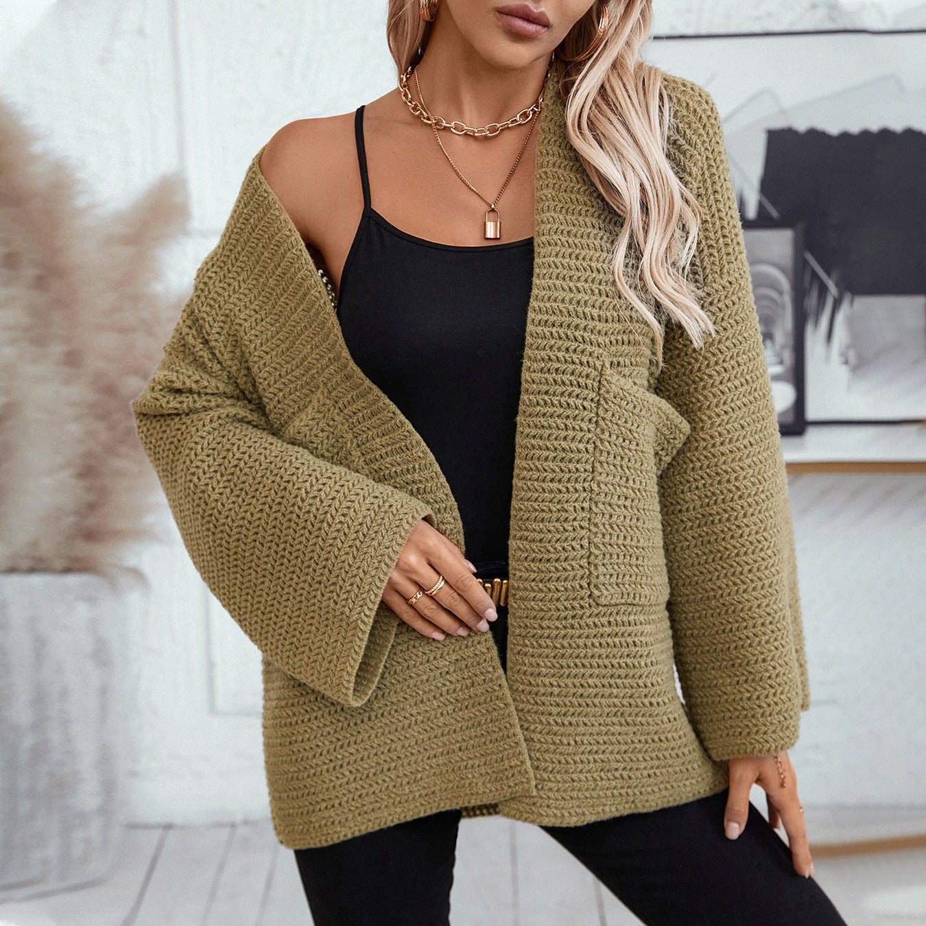 Damen luftige Strickjacke mit großen Taschen und offenen Ärmeln Sovae