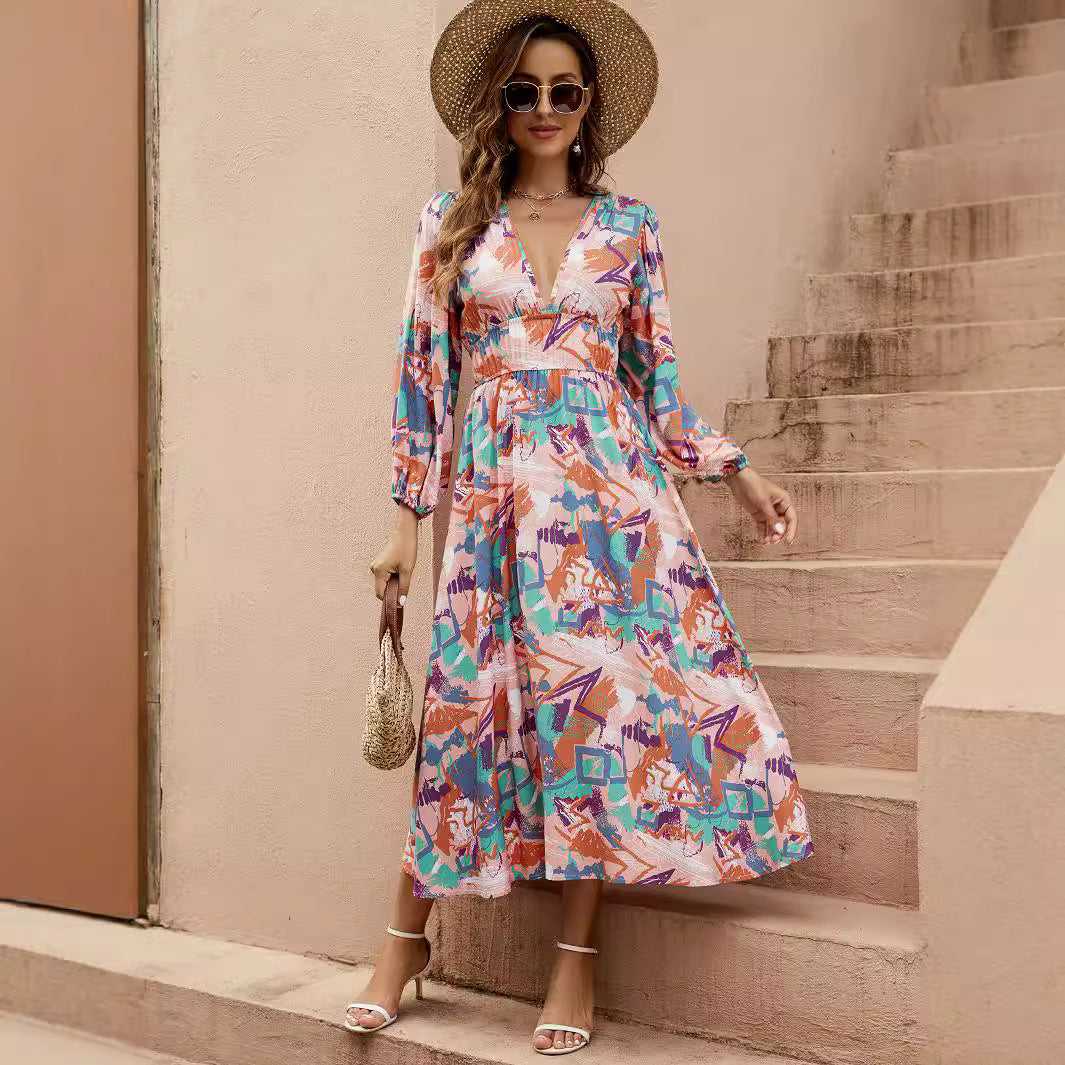 Damen Maxi-Kleid mit tiefem V-Ausschnitt und eleganten langen Ärmeln Sovae