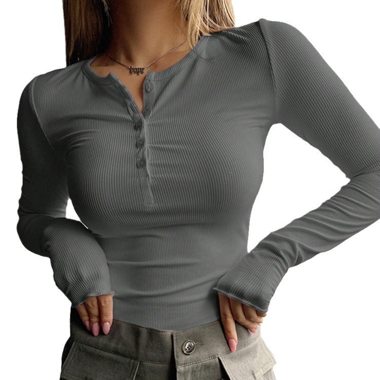 Damen schmeichelhaftes Langarm-Bodyshirt mit Knopfleiste Sovae