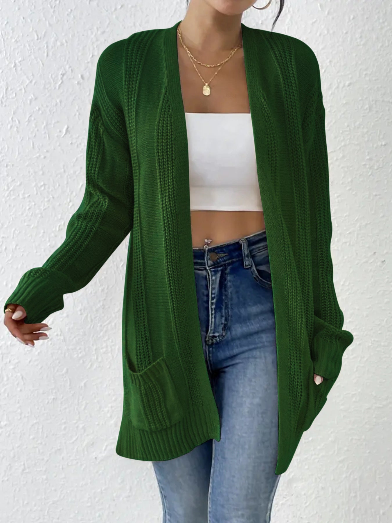 Damen lässiger Strickcardigan mit offenen Maschen und praktischen Taschen Sovae