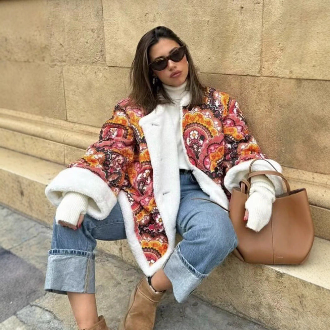 Damen modische Wende-Jacke mit buntem Muster und weichem Futter Sovae