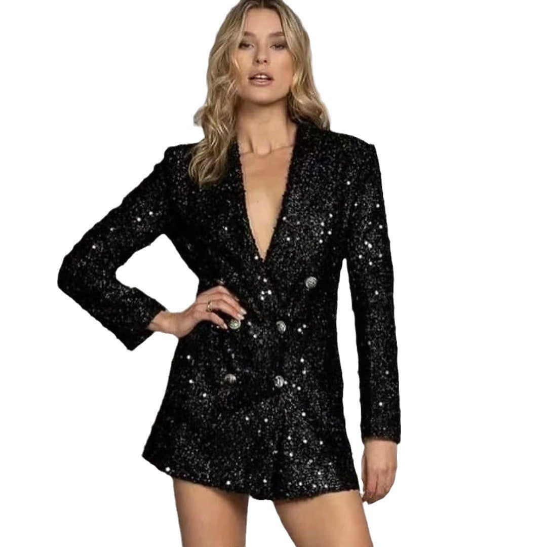 Damen Glitzernder Blazer mit doppelt geknöpftem Design Sovae
