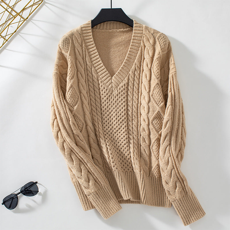 Damen modischer Strickpullover mit tiefem V-Ausschnitt und Zopfmuster Sovae
