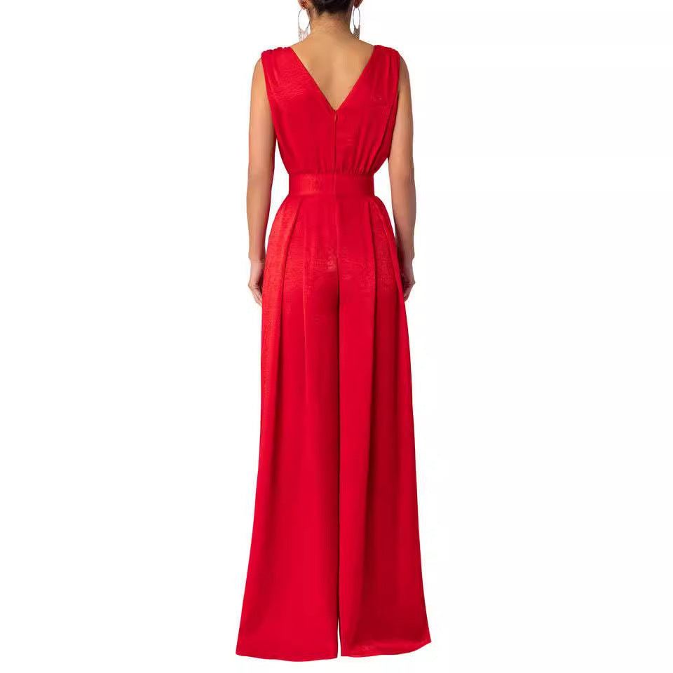 Damen eleganter Jumpsuit mit tiefem V-Ausschnitt und weitem Bein Sovae
