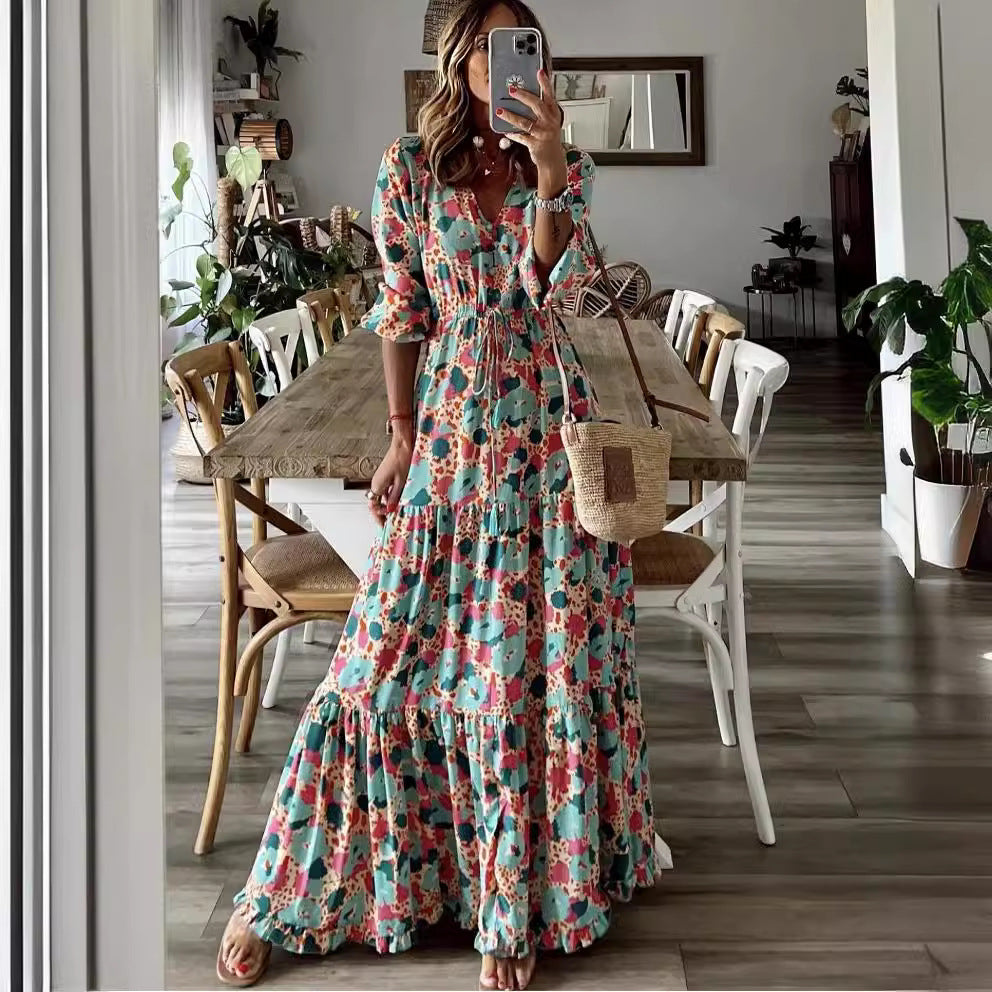 Damen Maxikleid mit gebundenem V-Ausschnitt und voluminösen Ärmeln Sovae