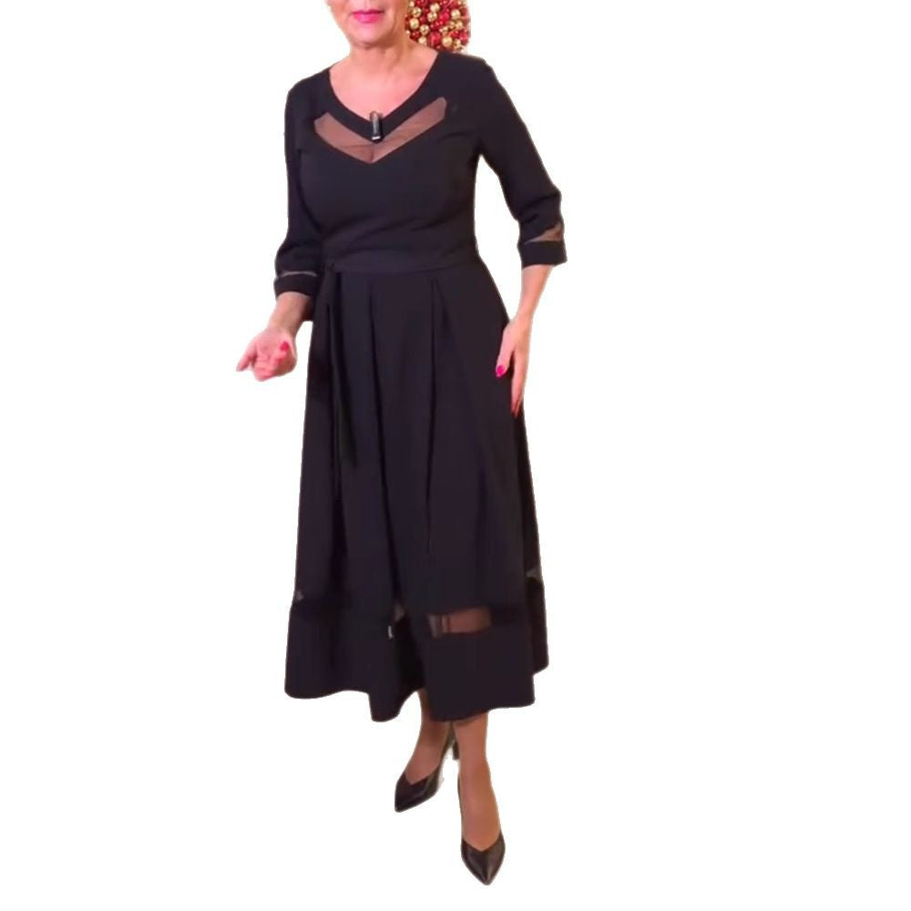 Damen Midi-Kleid mit transparenten Einsätzen und Taillengürtel Sovae