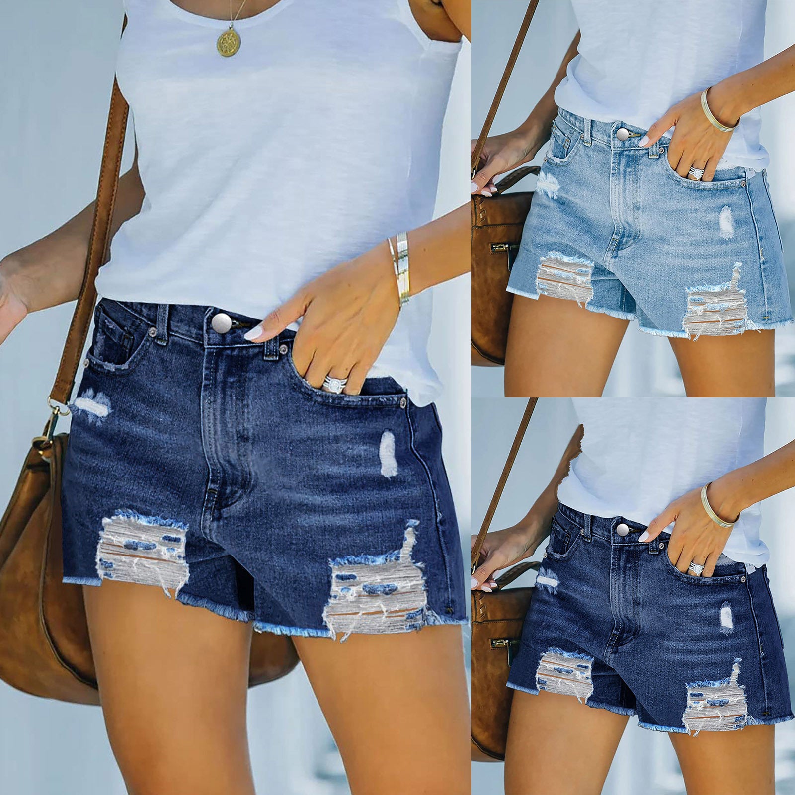 Damen Destroyed Denim-Shorts mit fransigen Säumen Sovae