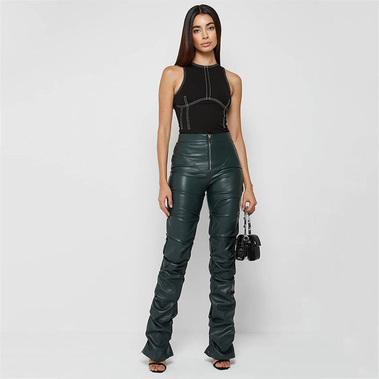 Damen Elegante High-Waist-Lederhose mit asymmetrischem Schnitt Sovae