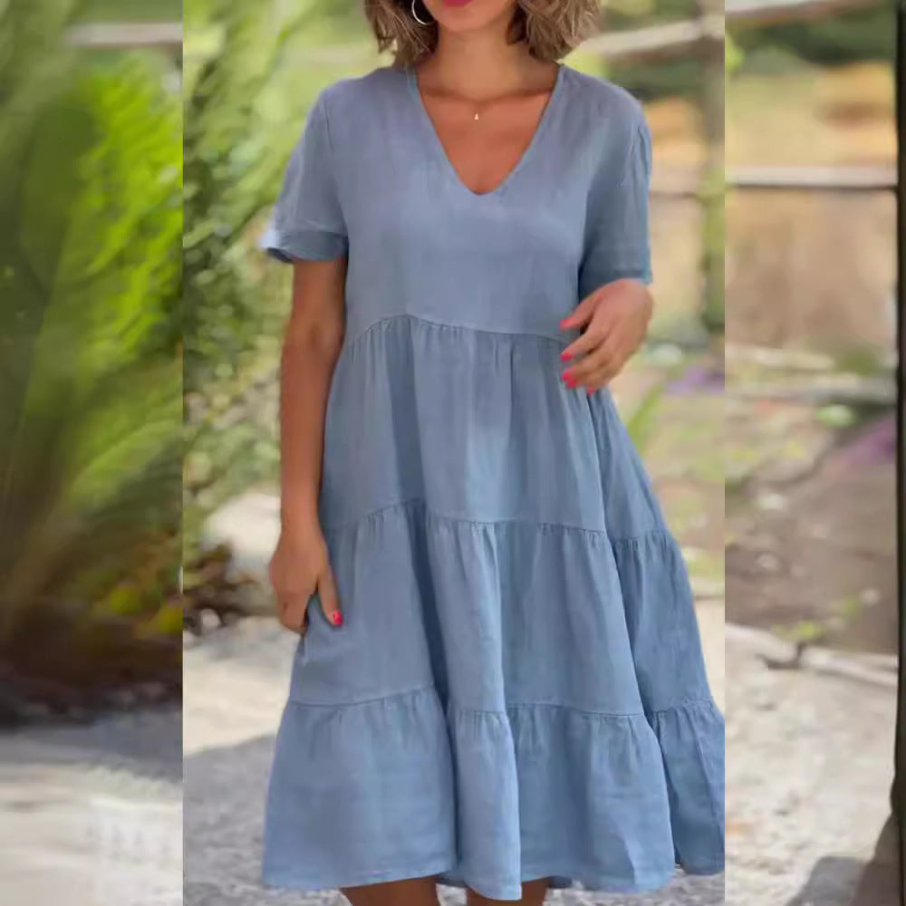 Damen luftiges V-Ausschnitt Kleid mit schwingendem Saum Sovae