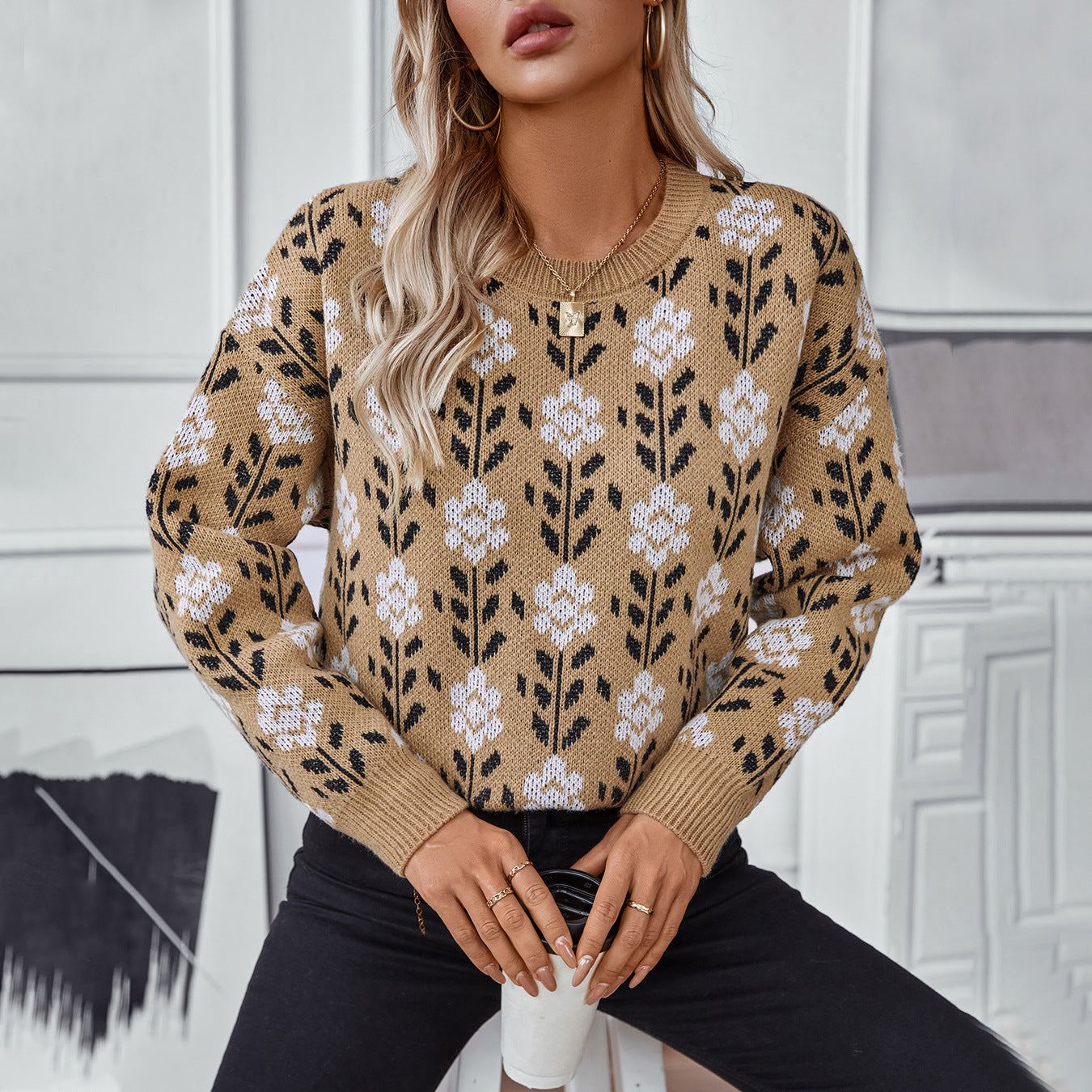 Damen lässiger Pullover mit floralem Muster und Rundhalsausschnitt Sovae
