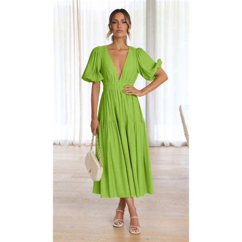 Damen Midi-Kleid mit Puffärmeln und tiefem V-Ausschnitt Sovae