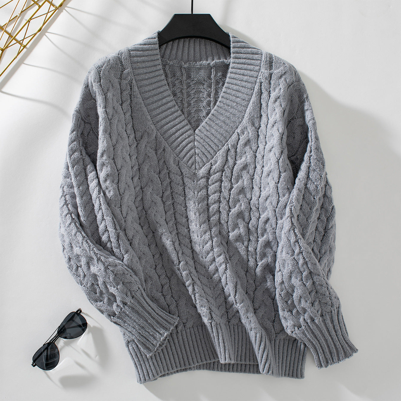 Damen Grobstrickpullover mit V-Ausschnitt und Zopfmuster Sovae