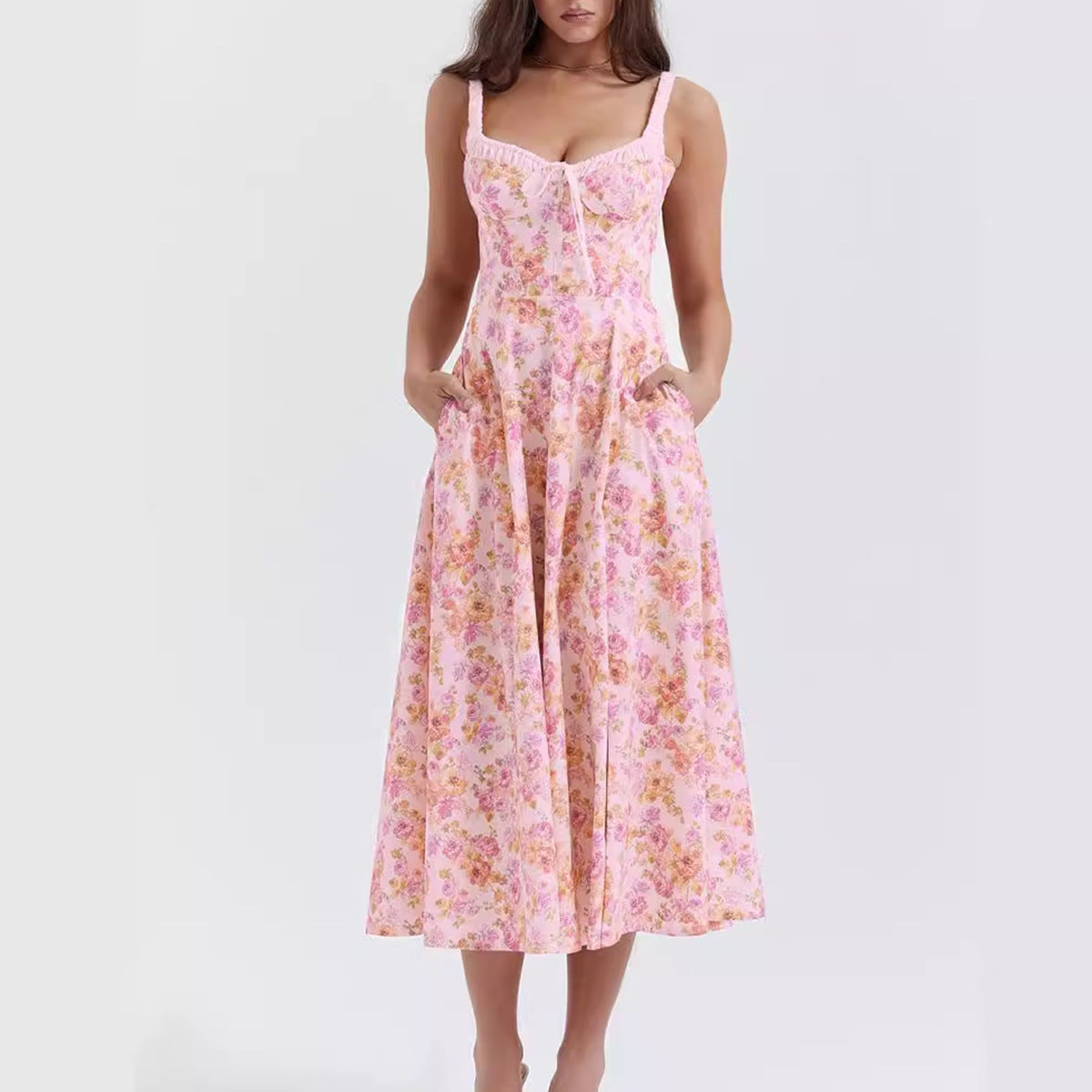 Damen Blühendes Sommer-Maxi-Kleid mit Spitze und gerafftem Oberteil Sovae