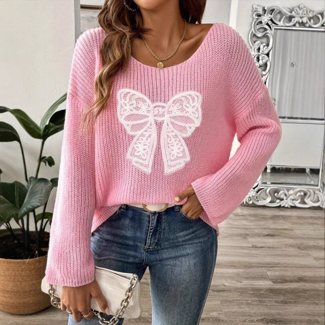 Damen Oversized Strickpullover mit romantischem Schleifenmotiv Sovae