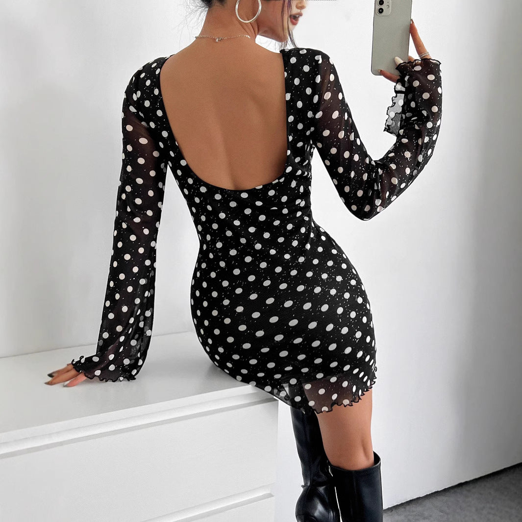 Damen Polka-Dots Minikleid mit langen Ärmeln Sovae