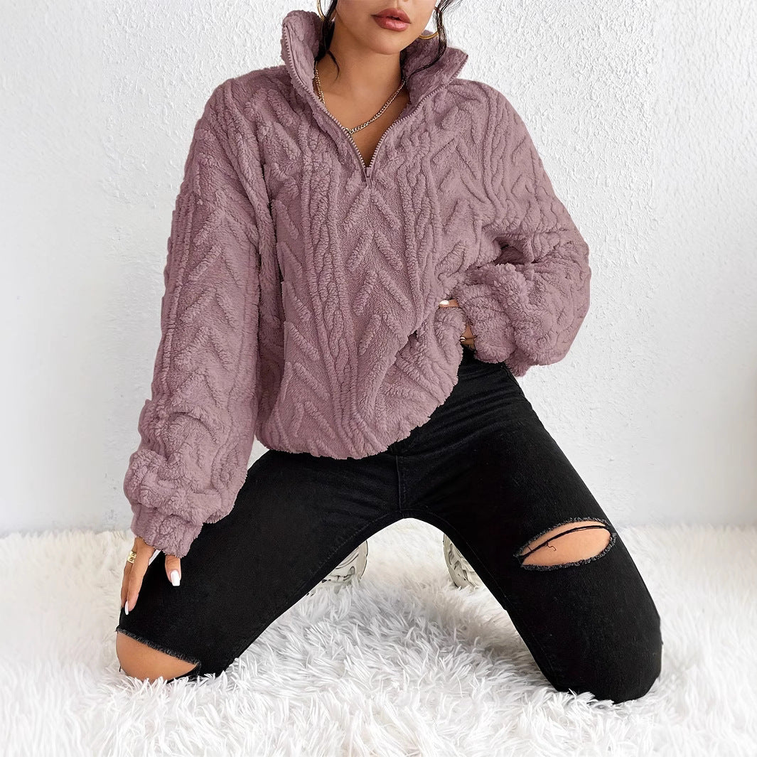 Damen gemütlicher Fleece-Pullover mit halbem Reißverschluss und strukturiertem Muster Sovae