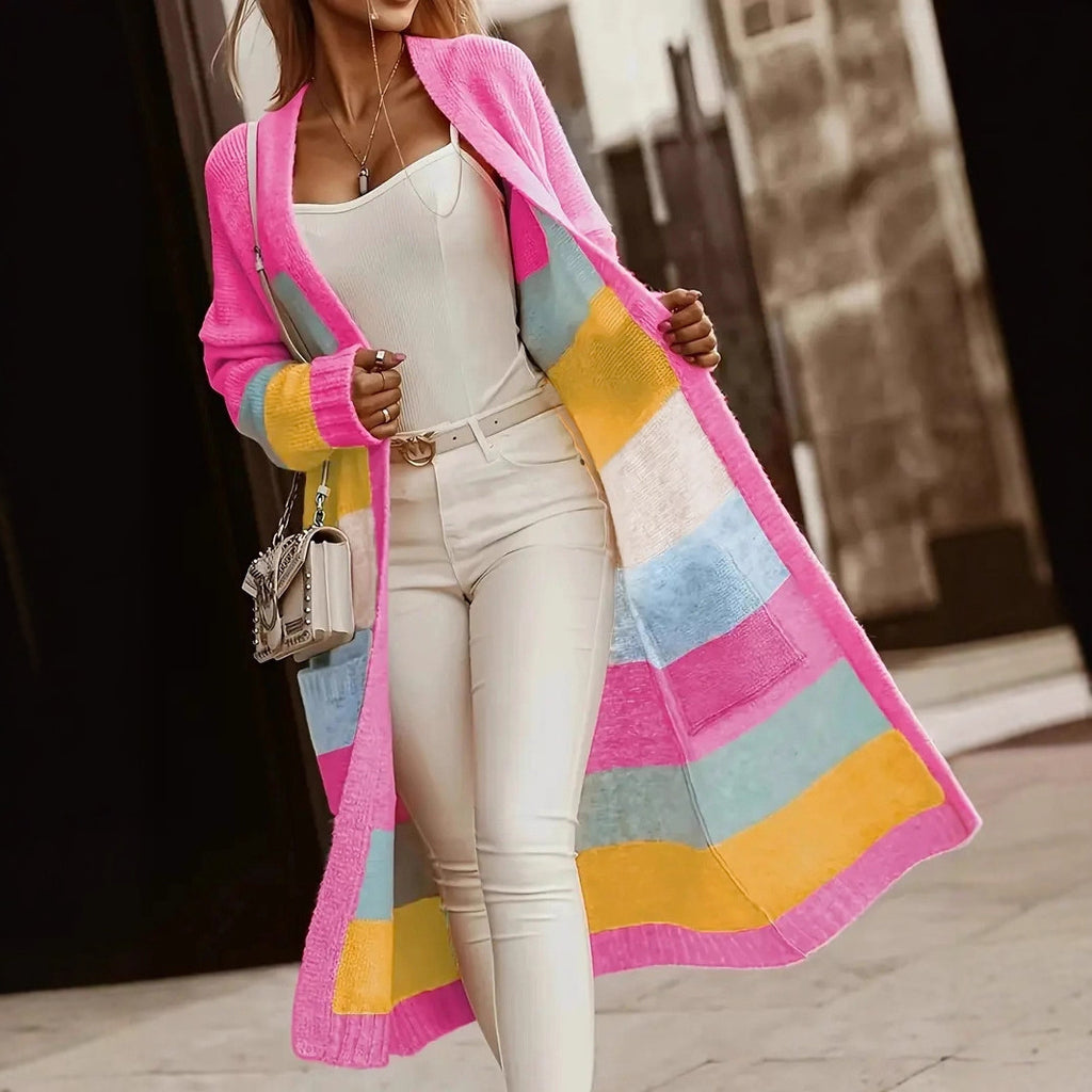 Damen modische Langstrickjacke mit buntem Streifenmuster Sovae