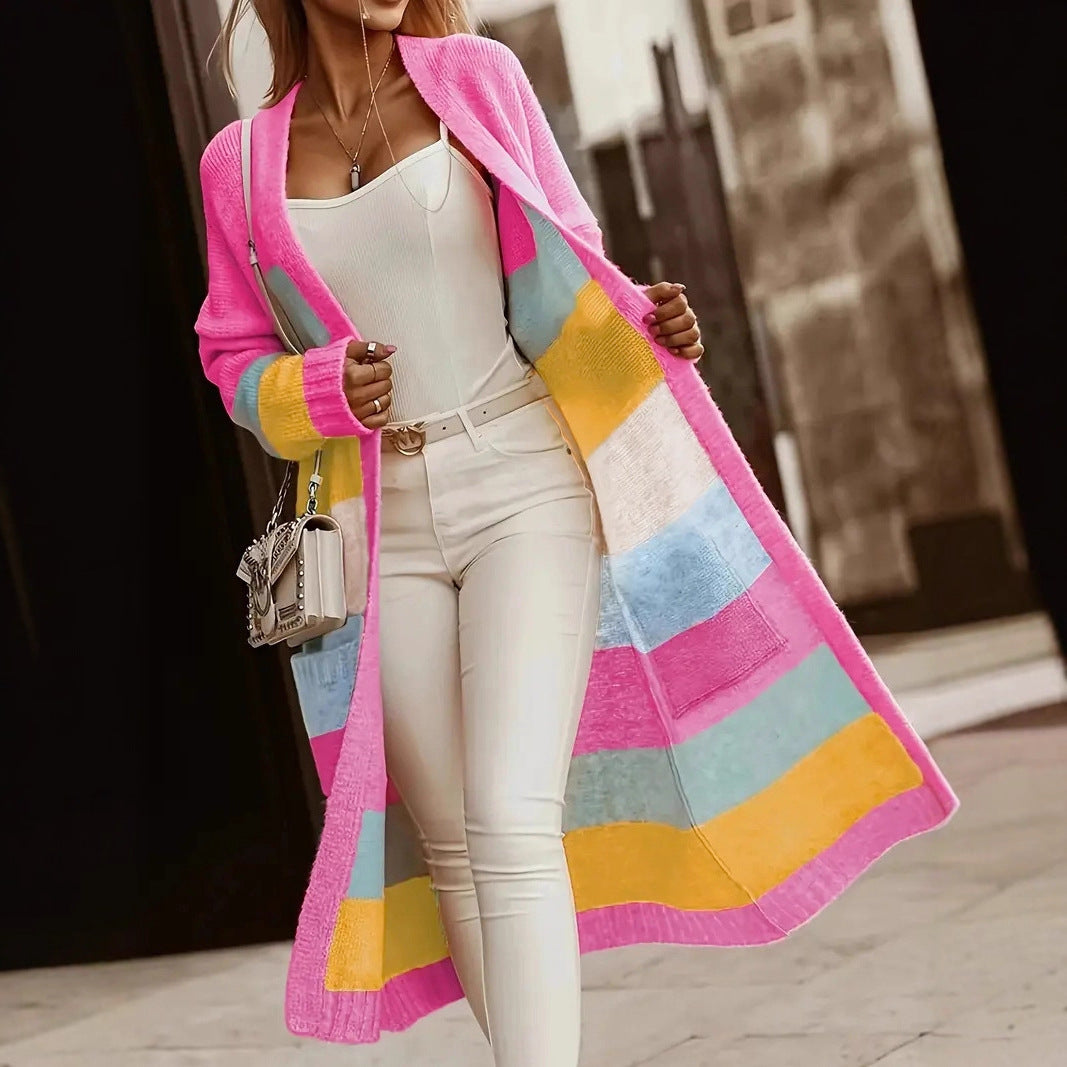 Damen modische Langstrickjacke mit buntem Streifenmuster Sovae