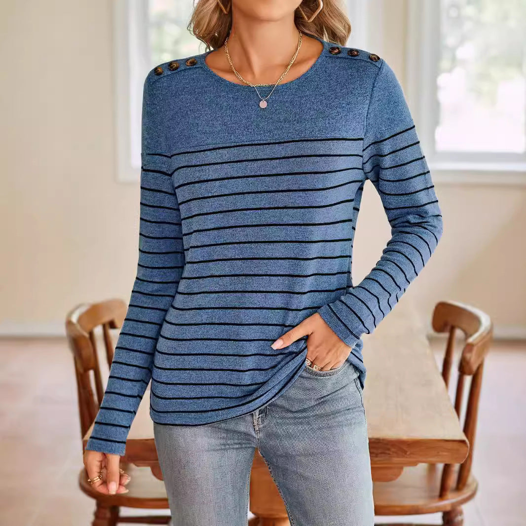Damen modisches Langarmshirt mit Streifenmuster und dekorativen Knöpfen Sovae