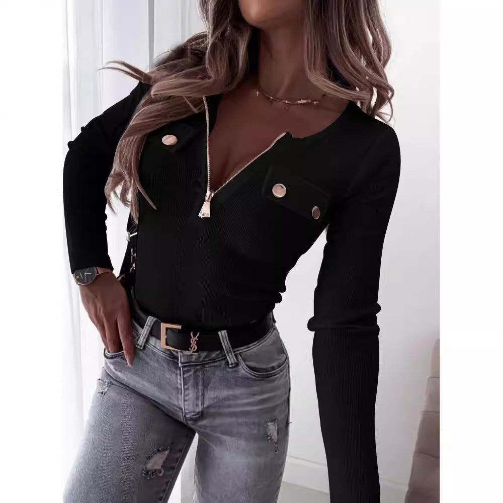Damen Langarmshirt mit tiefem V-Ausschnitt und Reißverschluss Sovae