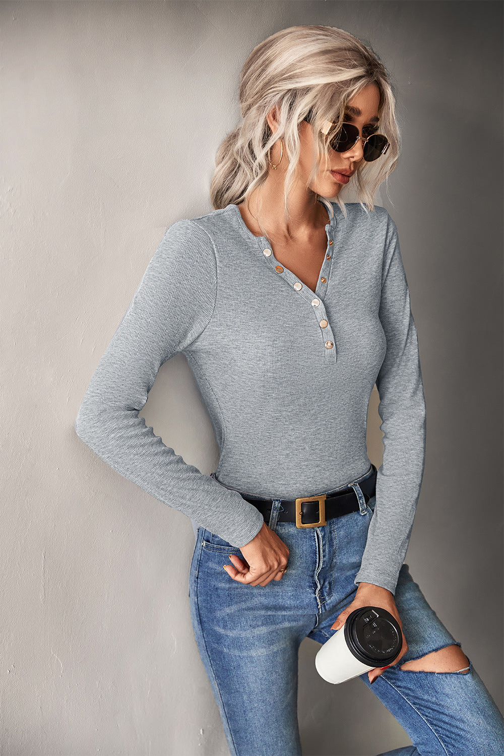 Damen Langarmshirt mit modischer Knopfleiste Sovae