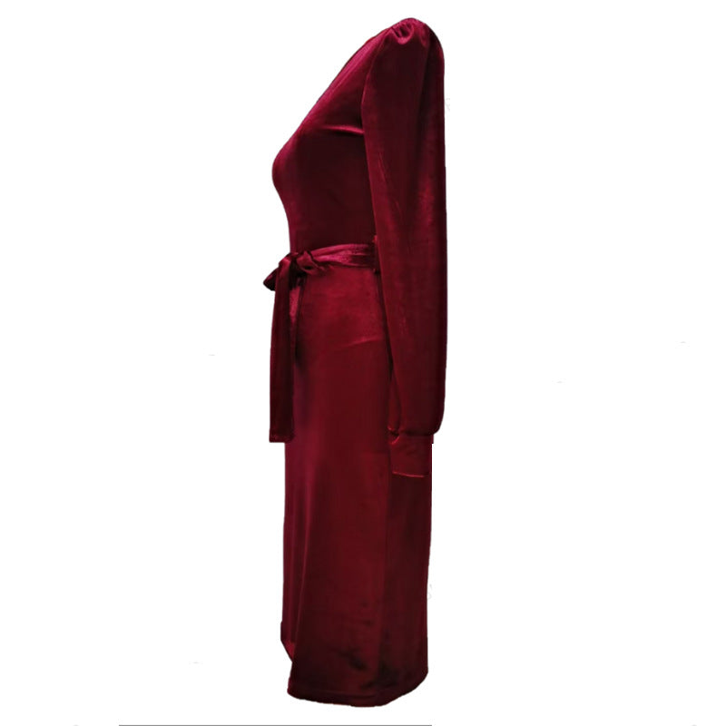 Damen Elegantes Samt-Midikleid mit Taillengürtel Sovae