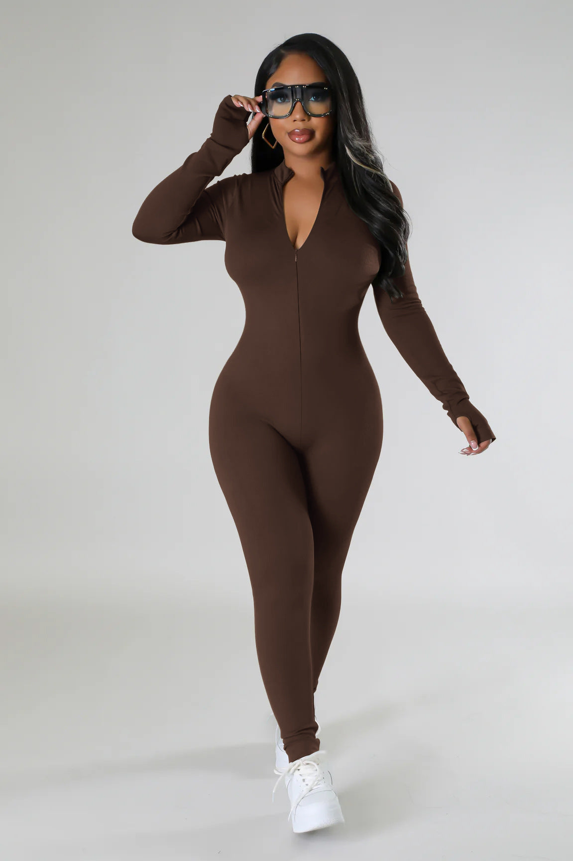 Damen figurbetontes Langarm-Jumpsuit mit durchgehendem Reißverschluss Sovae