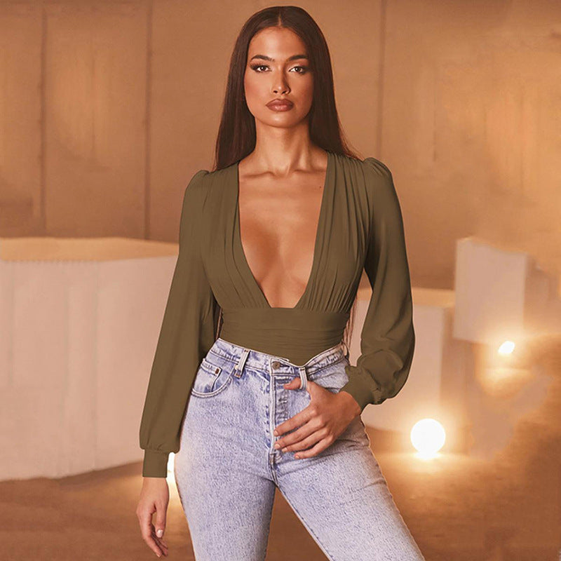 Damen Eleganter Langarm-Bodysuit mit V-Ausschnitt Sovae