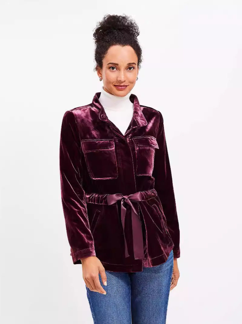 Damen Veloursjacke mit Taillenzug und Taschen Sovae
