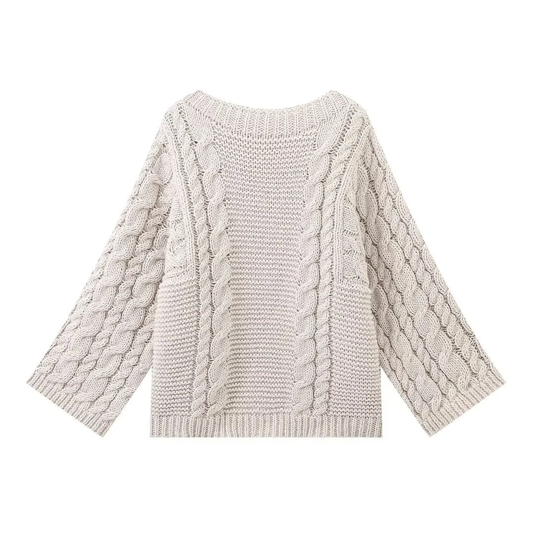 Damen kuscheliger Strickpullover mit Zopfmuster und weitem Schnitt Sovae