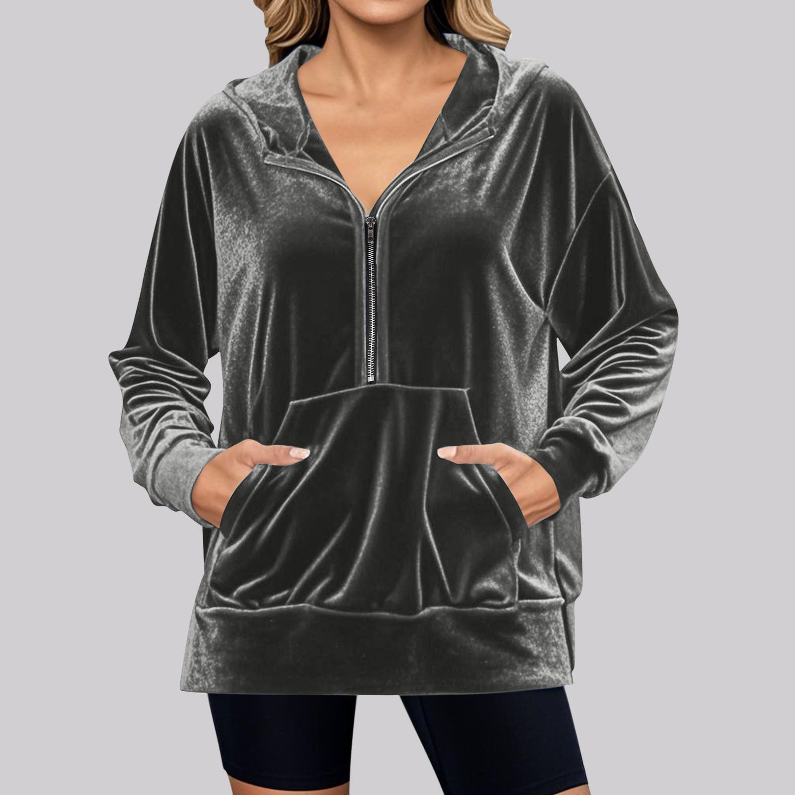 Damen Lässiger Velvet Hoodie mit praktischem Reißverschluss und Kängurutasche Sovae
