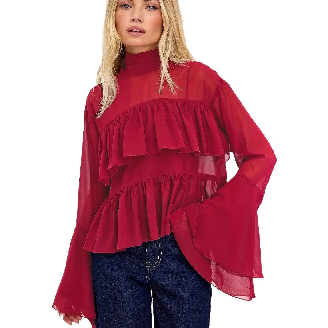 Damen Chiffon-Bluse mit Rüschen und weitem Ärmel Sovae