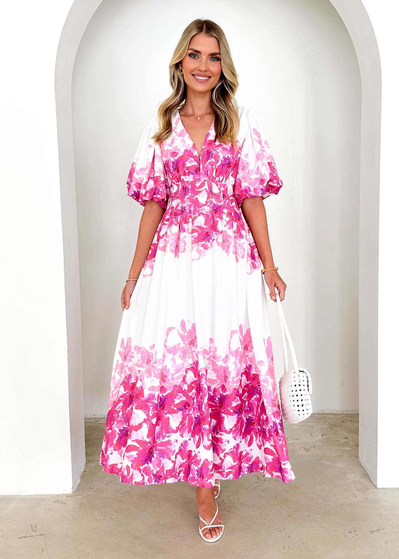 Damen luftiges Maxikleid mit voluminösen Ärmeln und floralem Print Sovae