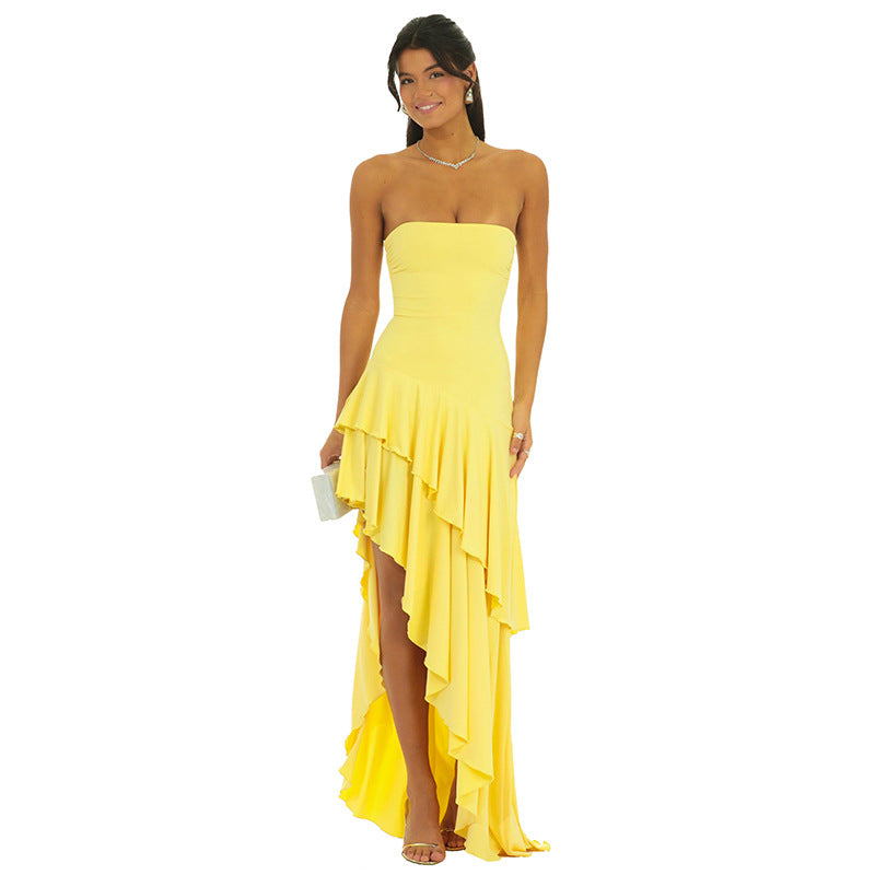 Damen langes Wickelkleid mit voluminösen Rüschendetails Sovae