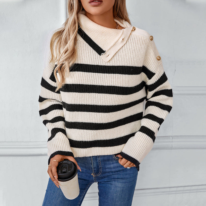 Damen Rollkragenpullover mit Knopfdetails und Streifendesign Sovae