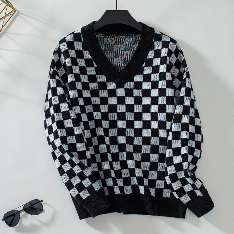 Damen lässiger V-Ausschnitt Pullover mit Karo-Muster und lockerer Passform Sovae