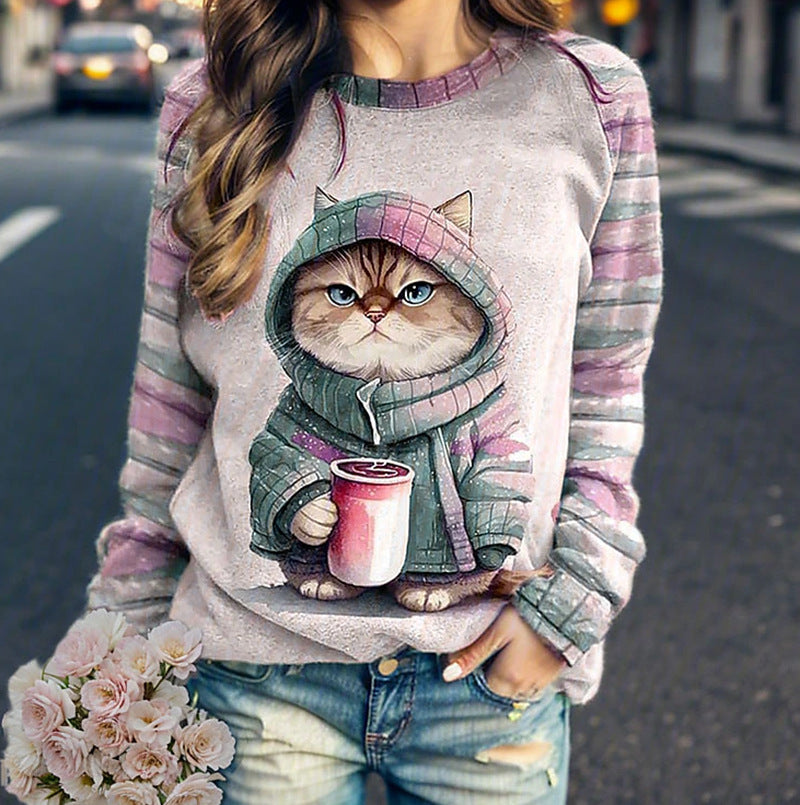 Damen Sweatshirt mit Katzenmotiv und Kapuze Sovae