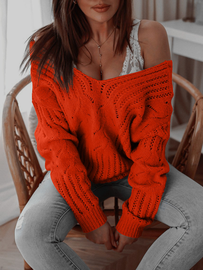 Damen Strickpullover mit offener Schulter und filigranem Lochmuster Sovae