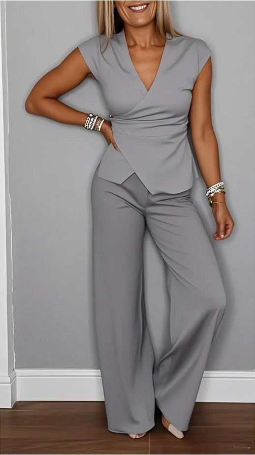 Damen elegantes Jumpsuit mit Wickeldesign und weitem Bein Sovae