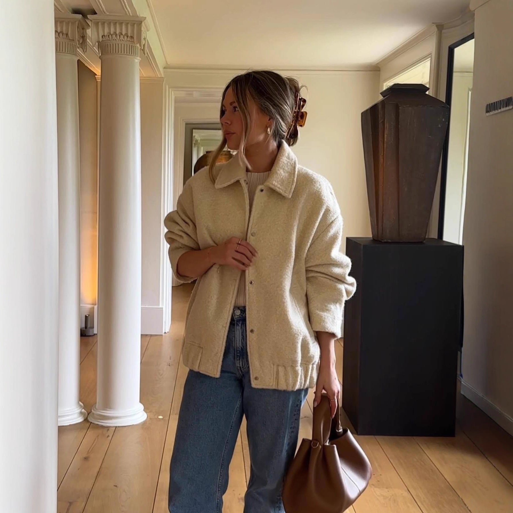 Damen kuschelige Teddyjacke mit seitlichen Taschen und elastischem Saum Sovae