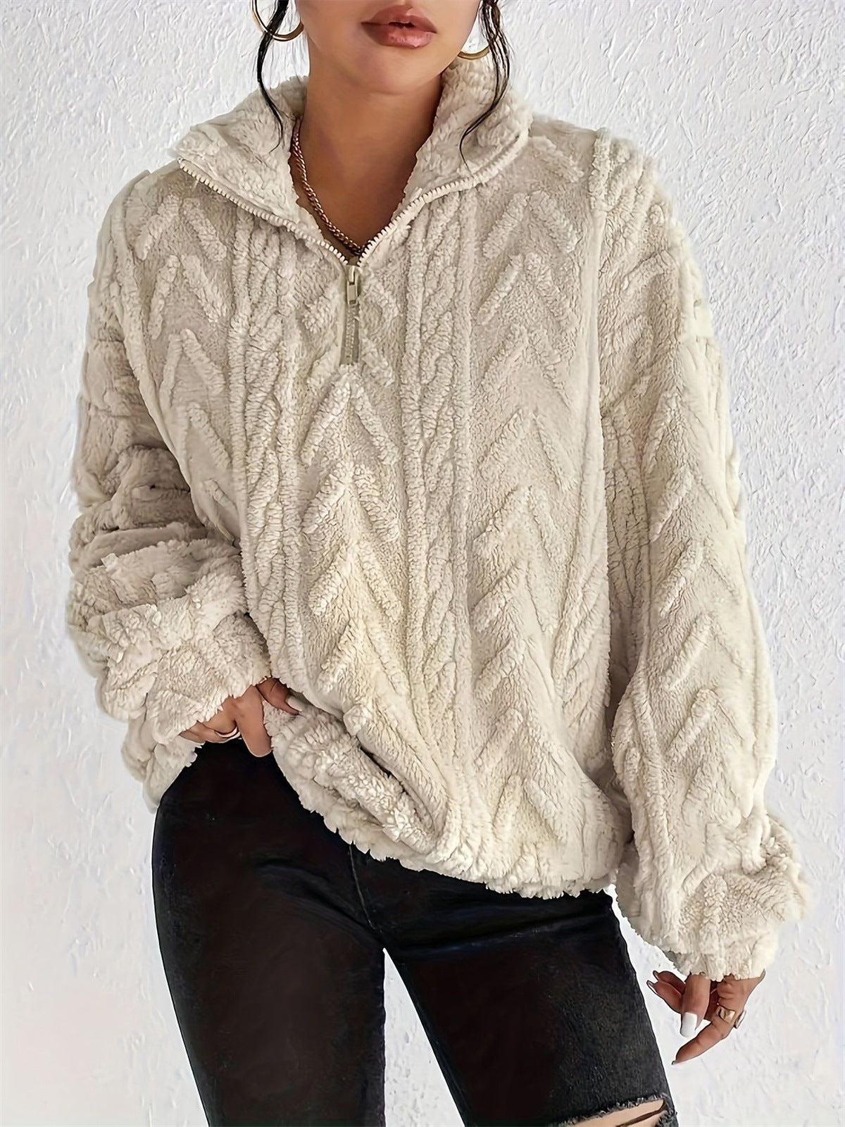 Damen gemütlicher Fleece-Pullover mit halbem Reißverschluss und strukturiertem Muster Sovae