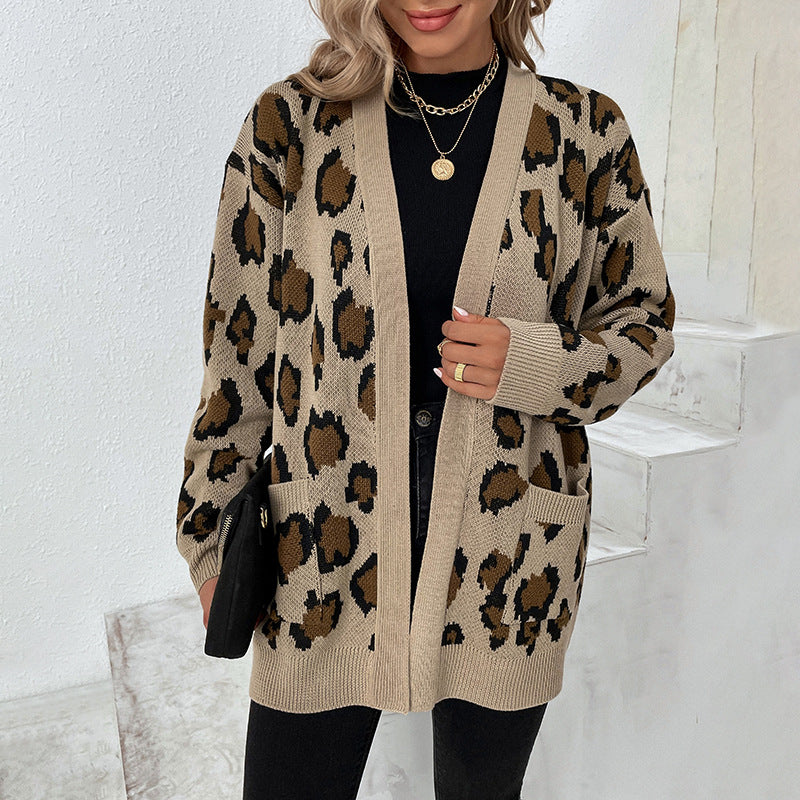Damen modische Strickjacke mit Leopardenmuster und praktischen Taschen Sovae