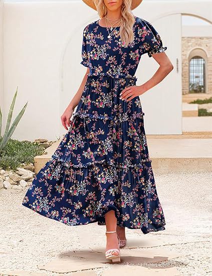 Damen Maxikleid mit floralen Rüschendetails und weitem Rock Sovae