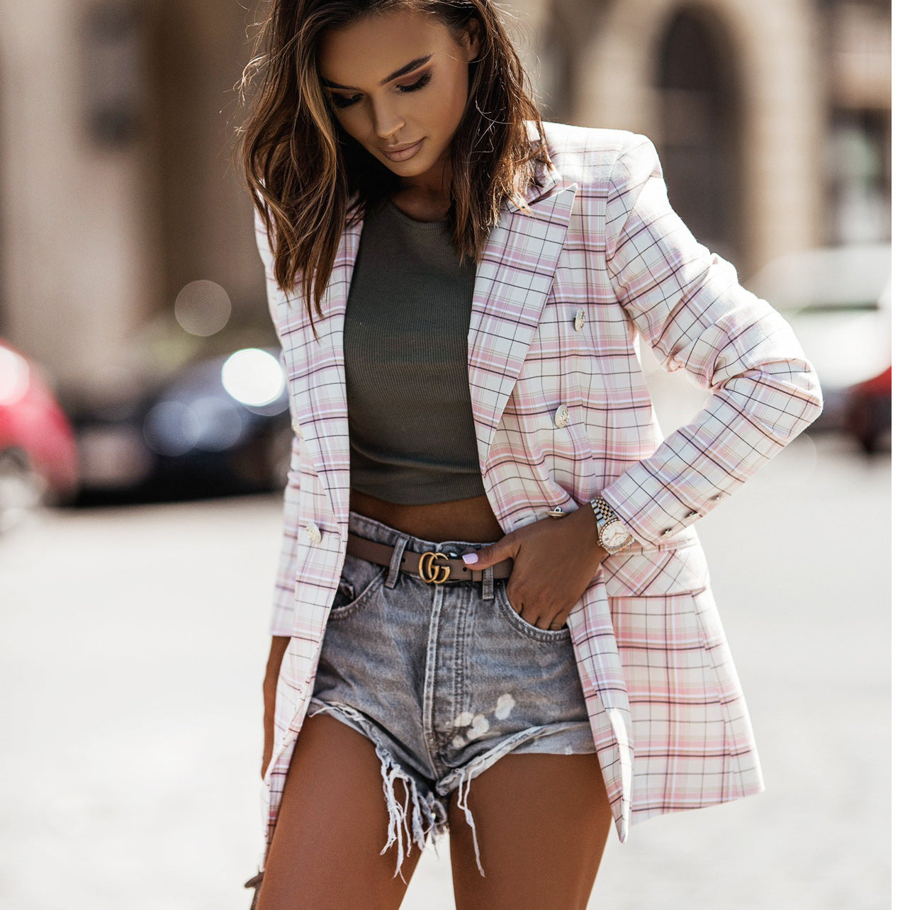 Damen Karierter Blazer Sovae