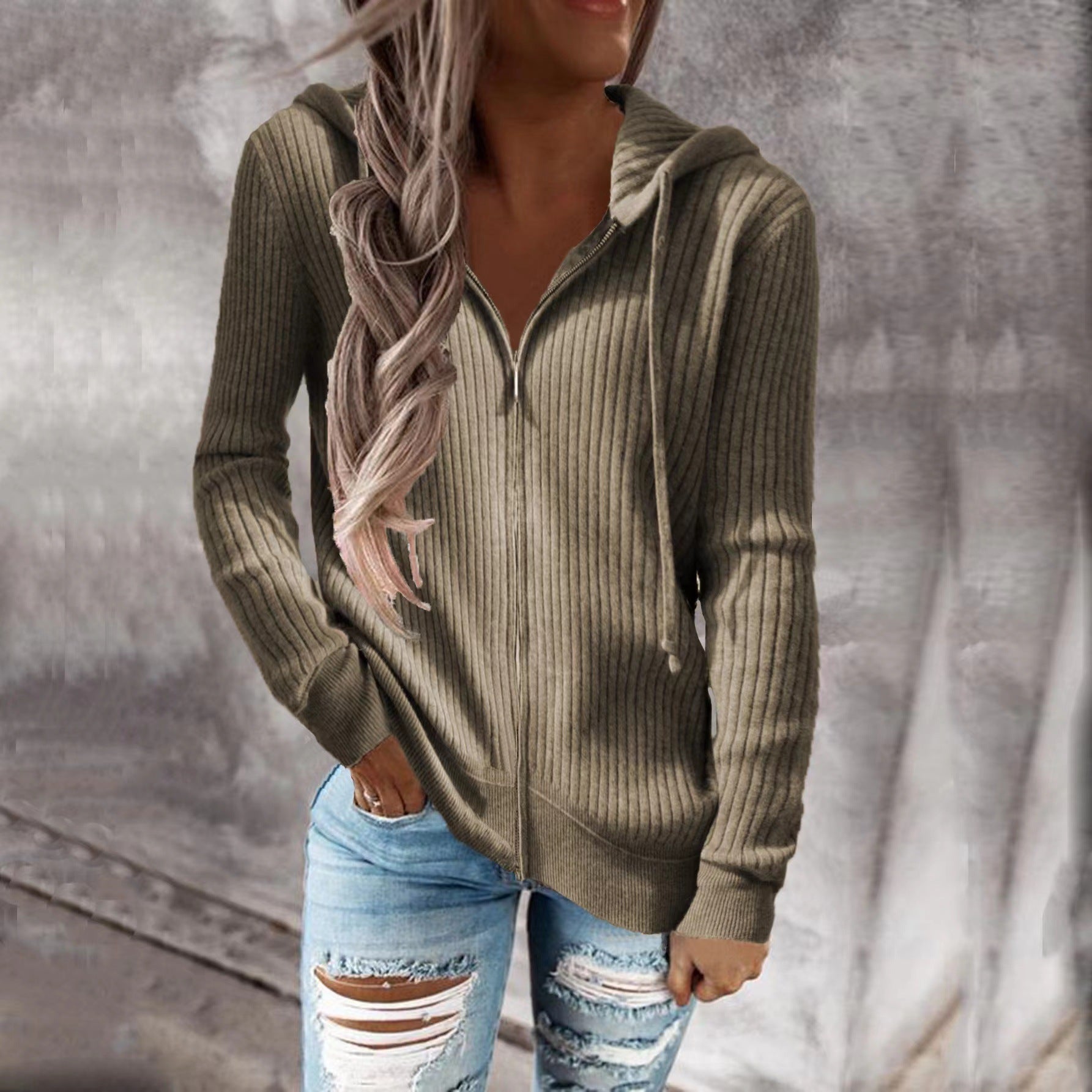 Damen lässige Strickjacke mit Kapuze und Rippenstruktur Sovae