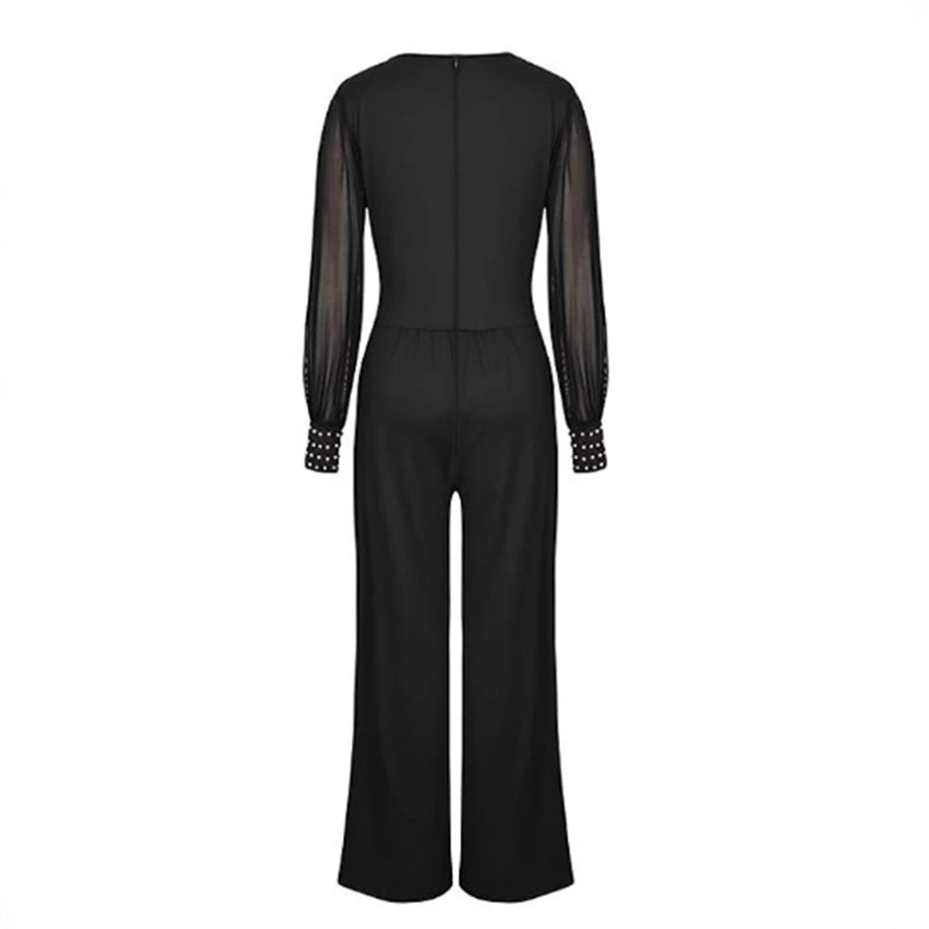 Damen Eleganter Jumpsuit mit transparenten Puffärmeln und modernem V-Ausschnitt Sovae
