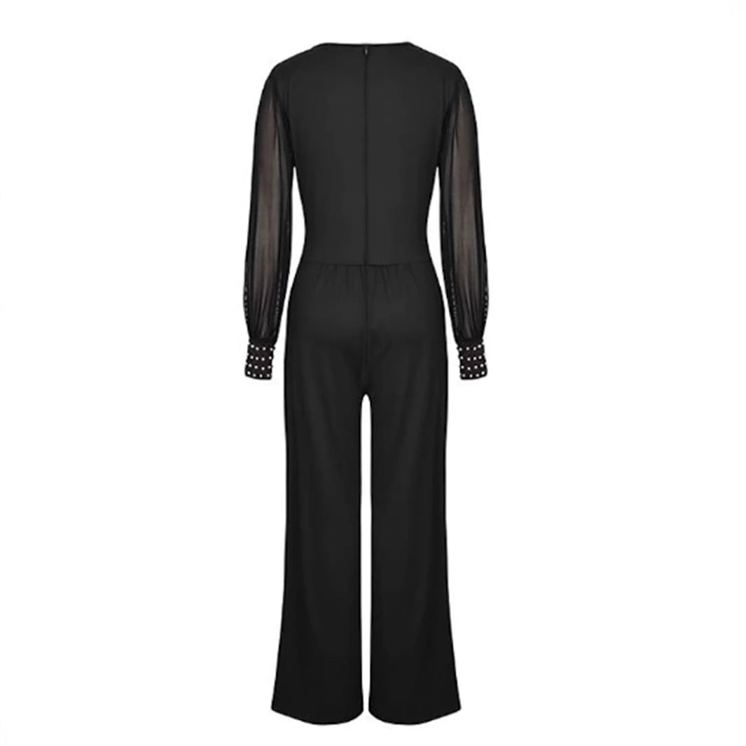 Damen Eleganter Jumpsuit mit transparenten Puffärmeln und modernem V-Ausschnitt Sovae
