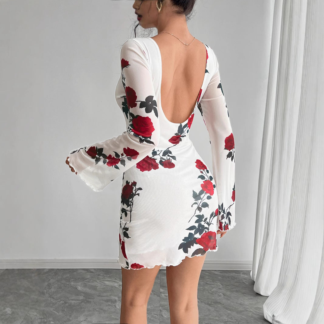 Damen Floral Minikleid mit langen Ärmeln Sovae