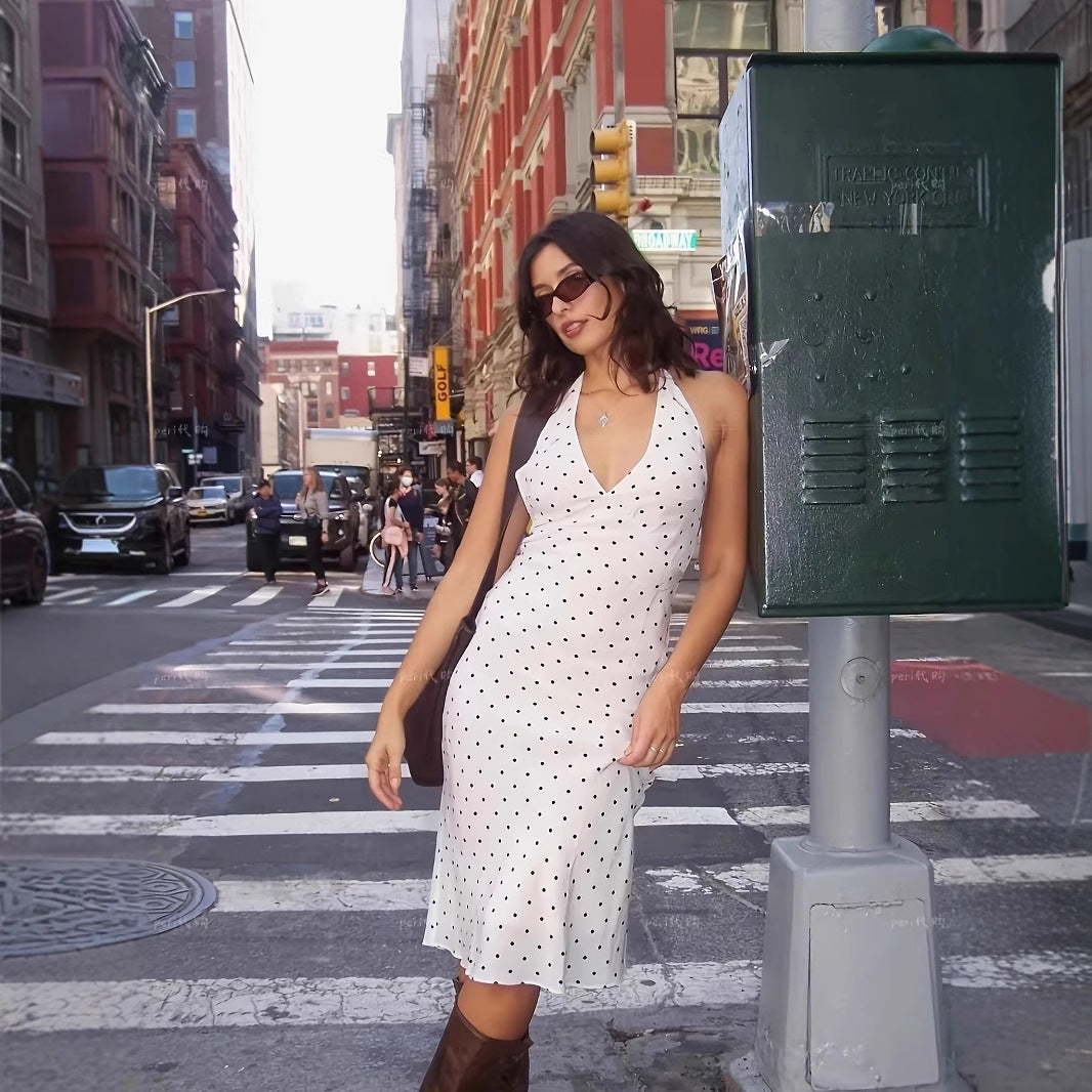 Damen Elegantes Maxikleid mit tiefem V-Ausschnitt und Polka-Dots Sovae
